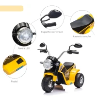 HOMCOM Motocicleta Elétrica Infantil com 3 Rodas Triciclo a Bateria 6V para Crianças de 18-36 Meses com Farol Buzina 72x57x56cm  Amarelo(m-6)