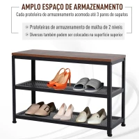 HOMCOM Banco Sapateira de Estilo Industrial Móvel para Sapatos com 2 Prateleiras de Grade 70x30x48cm Madeira e Preto(m-6)