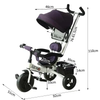 HOMCOM Triciclo para Crianças com Capota de Ferro, Plástico e Tela Cor Roxo e Branco 92x51x110 cm(m-3)