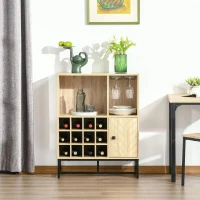 HOMCOM Aparador de Cozinha Armário com 1 Porta Prateleiras Abertas Suporte para 12 Garrafas e 6 Taças de Vinho para Sala de Jantar Bar Restaurante 76x35x97cm Madeira Natural(m-2)