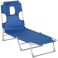 Outsunny Espreguiçadeira de Jardim Reclinável e Dobrável com Orifício de Leitura Apoio para Cabeça e Encosto Ajustável em 4 Níveis para Praia 182x56x24,5 cm Azul(m-1)