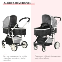 HOMCOM Carrinho de Bebé 2 em 1 Carrinho de Passeio e Alcofa para Crianças de 0 a 36 Meses com Capota Dobrável Encosto Inclinável Cesta Grande Alavanca de Freio Carga 15kg 80x51x102cm Cinza(m-6)