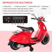 HOMCOM Mota Elétrica Vespa com Faróis Música 2 Rodas Auxiliares para Crianças acima de 3 Anos 108x49x75 cm Vermelha(m-7)