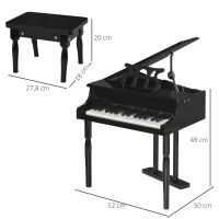 HOMCOM Piano de Cauda Infantil com 30 Teclas Banco Suporte de Partituras Piano para Crianças de MDF Instrumento Musical Educativo 52x50x49cm Preto(m-3)