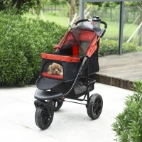 PawHut Carrinho dobrável para animais de estimação com 3 rodas Correias de segurança e cesto de armazenamento 109,5x54,5x106,5 cm Vermelho e preto(m-12)