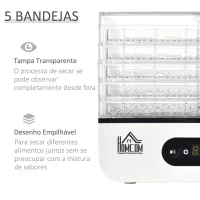 HOMCOM Desidratador de Alimentos 400W com 5 Bandejas Tela LCD Temperatura Ajustável 35-70 Graus e Temporizador de 72 horas para Verduras Frutas Carne sem BPA 29x19x21,5cm Branco(m-6)