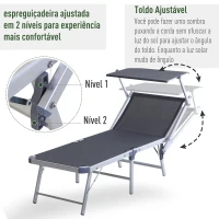 Outsunny Espreguiçadeira Dobrável e Reclinável com Toldo Ajustável em Ângulo Espreguiçadeira para Jardim Terraço Campismo Exterior 169x72x55-72cm Cinza(m-5)