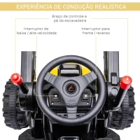 HOMCOM Trator Escavadora Elétrica para Crianças acima de 3 Anos Veículo Infantil com Pá Bateria 6V Música e Luzes 132x62x65 cm Preto e Amarelo(m-5)