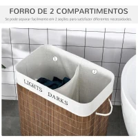 HOMCOM Cesto de Roupa de Bambú Capacidade de 100L Cesta para Roupa Suja Retangular com Tampa Removível Bolsa com 2 Compartimentos 52x32x63cm Marrom(m-5)
