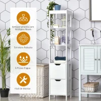 Kleankin Armário de banheiro alto Multiuso 3 prateleiras 2 gavetas 30x30x144 cm Branco(m-6)