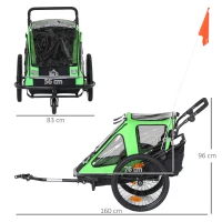 HOMCOM Reboque de Bicicleta para Crianças acima de 18 Meses 2 em 1 Carrinho de Passeio de 2 Lugares com Guidão de Altura Ajustável Barra Bandeira e Refletores 160x83x96cm Verde e Preto(m-3)