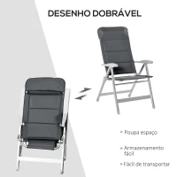 Outsunny Cadeira de jardim dobrável de alumínio com encosto alto ajustável de 7 posições e encosto de cabeça acolchoado 75x61,5x114,5 cm cinza(m-5)