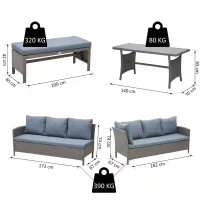 Outsunny Conjunto de 4 Peças de Móveis e Vime com Almofadas Acolchoadas com 2 Sofás 1 Banco e 1 Mesa de Vidro Temperado Cinza(m-3)