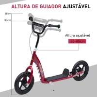 HOMCOM Trotinete para Crianças acima de 5 anos Scooter de 2 Rodas Grandes de 12 Polegadas com Freio e Guidão Ajustável em Altura Carga Máx. 100kg 120x52x80-88cm Vermelho(m-5)