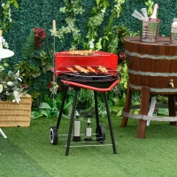 Outsunny Barbecue a Carvão com Rodas Grelha com Altura Ajustável e Prateleira de Armazenamento 51x70x75,5 cm Preto e Vermelho(m-12)