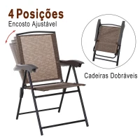 Outsunny Conjunto de Mesa e 2 Cadeiras  Cadeira Dobrável Encosto Reclináveis a 4 Níveis  Armação de Aço Marrom(m-4)