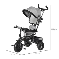 HOMCOM Triciclo para Crianças 2 em 1com capota ajustável acima de 18 Meses cinza 92x51x110cm(m-3)