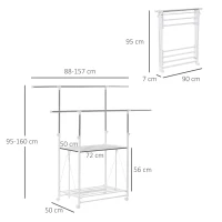 HOMCOM Charriot Dobrável para Roupa com Rodas Barras para Pendurar Extensíveis Altura Ajustável e 2 Prateleiras 88-157x50x95-160cm Branco(m-3)
