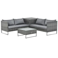Outsunny Conjunto de 4 Móveis de vime para Jardim com 2 Sofás Duplos Mesa central mesa de baú e almofadas removíveis 132x69x64 cm Cinza(m-1)