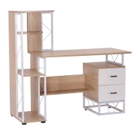 HOMCOM Secretária para Computador Escritório Branco Gabinete Prateleiras com Gavetas 133x55x123 CM Natural(m-1)
