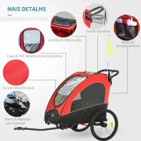 HOMCOM Reboque de criança 3 em 1 de 2 lugares para crianças acima de 6 meses Dobrável com barra rodas giratórias e guiador ajustável 150x85x107cm Vermelho(m-5)