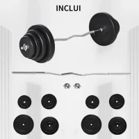 HOMCOM Barra de Pesos Curvada com 8 Discos de Peso Intercambiáveis até 70kg de Aço para Treinamento Culturismo em Academia Casa 140x38,5x38,5cm Preto(m-4)