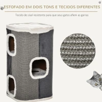 PawHut Arranhador em Forma de Cilindro para Gatos com 3 Cavernas de Sisal e Pelúcia Plataforma de Velo 40x40x74cm Cinza(m-6)