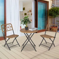 Outsunny Conjunto de mesa e 2 cadeiras dobráveis de vime para jardim Estrutura de aço Φ60x71 cm e 46x56x83 cm Madeira natural(m-2)
