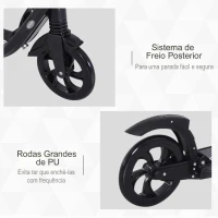 HOMCOM Trotinete Dobrável para Adultos e Crianças acima de 14 anos Guidão com Altura Ajustável Freio Rodas Grandes Carga 100kg 93,5x38x95-105cm Preto(m-6)