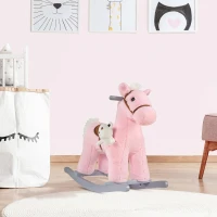 HOMCOM Cavalo Baloiço para Crianças de 18-36 Meses Cavalo de Balançar com Ursinho de Pelúcia Sons de Relinchos e Galopes base de Madeira 65x26x55cm Rosa(m-2)