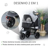 PawHut Carrinho de animais de estimação dobrável com rodas Correias de segurança e cesto de armazenamento 109,5x57,5x106,5 cm Cinza e preto(m-4)