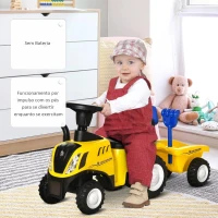 HOMCOM Trator para Crianças de 12-36 Meses com Reboque Removível Carro Andador com Buzina Farol Pá e Ancinho Carga 25kg 91x29x44cm Amarelo(m-7)