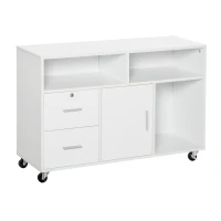 HOMCOM Móvel Auxiliar de Escritório Móvel Arquivador com Rodas Prateleiras Gaveta e Armário Multiuso com Grande Armazenamento 100x35x65cm Branco(m-1)