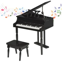 HOMCOM Piano de Cauda Infantil com 30 Teclas Banco Suporte de Partituras Piano para Crianças de MDF Instrumento Musical Educativo 52x50x49cm Preto(m-1)
