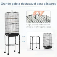 PawHut Gaiola para Passáros com Suporte Gaiola Metálica de Aves Canários com 4 Rodas Portas 4 Comedouros 3 Poleiros Bandeja Removível e Prateleira Inferior 46,5x36x157cm Preto(m-4)