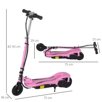HOMCOM Trotinete Elétrico Dobrável Suporta até 50kg com Altura Ajustável Scooter Elétrica com Interruptor de Inicio e Freios 75x36x82-93cm Rosa(m-3)