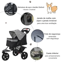 PawHut Carrinho de animais de estimação dobrável com rodas Correias de segurança e cesto de armazenamento 109,5x57,5x106,5 cm Cinza e preto(m-7)