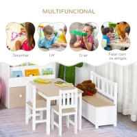 HOMCOM Conjunto Infantil de Mesa 2 Cadeiras e Banco com Armazenamento Móveis Infantil para Sala de Jogos Dormitório Branco e Natural(m-7)