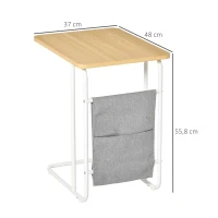 HOMCOM Mesa Auxiliar de Sofá em Forma de C com Bolsa de Armazenamento Removível Mesa Lateral para Sala de Estar Dormitório Escritório 37x48x55,8cm Carvalho e Branco(m-3)