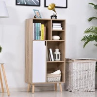 HOMCOM Móvel Aparador Alto Armário Auxiliar de Sala de Estar com 5 Compartimentos e 1 Porta Multiuso para Sala de Jantar Cozinha Dormitório 60x30x121cm Carvalho e Branco(m-2)