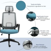 Vinsetto Cadeira de Escritório Ergonômica Giratória com Altura Ajustável Apoio para a Cabeça Apoio para os Braços e Suporte Lombar Reguláveis 63,5x63x116,5-125,5cm Azul e Cinza(m-8)