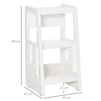 HOMCOM Torre de Aprendizagem para Crianças Banco Infantil com Altura Ajustável em 3 Posições e Plataforma Antiderrapante para Cozinha Sala de Jantar Casa de Banho 47x47x90cm Branco(m-3)