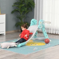 HOMCOM Escorrega Infantil Dobrável com Cesta de Basquetebol para Crianças acima de 18 meses Modelo Disco Voador para Interiores e Exteriores 140x87x75cm Azul e Cinza(m-10)