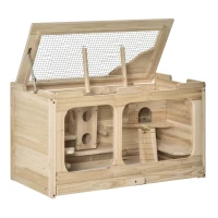 PawHut Gaiola de Madeira para Hamster Gaiola para Roedores com 2 Esconderijos Teto Dobrável Bandeja Removível Múltiplas Plataformas Rampa e Baloiço 78x40x44cm Madeira Natural(m-1)