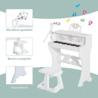 HOMCOM Piano Elétrico Infantil de 37 Teclas Conjunto de Piano com Microfone Banco Luzes e 22 Canções USB/MP3/Bluetooth Karaokê 53,5x27x63cm Branco(m-6)