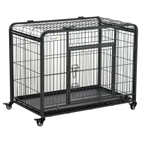 PawHut Gaiola de metal dobrável para cães com rodas e freios Bandeja removível e porta com travas  109,5x71x78 cm Cinza escuro(m-1)