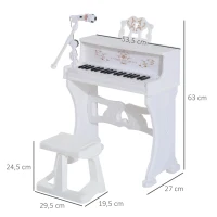 HOMCOM Piano Elétrico Infantil de 37 Teclas Conjunto de Piano com Microfone Banco Luzes e 22 Canções USB/MP3/Bluetooth Karaokê 53,5x27x63cm Branco(m-3)