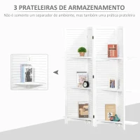 HOMCOM Biombo de 4 Painéis de Madeira Separador de Ambiente Dobrável com 3 Prateleiras Removíveis Desenho Persiana para Dormitório Escritório 160x170cm Branco(m-5)