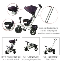 HOMCOM Triciclo para Crianças com Capota de Ferro, Plástico e Tela Cor Roxo e Branco 92x51x110 cm(m-6)