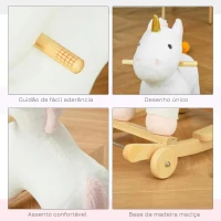 HOMCOM Baloiço Infantil em Forma de Unicornio para Crianças acima de 3 Anos Baloiço 2 em 1 com Rodas e Sons 45kg 63x38x63cm Branco(m-6)